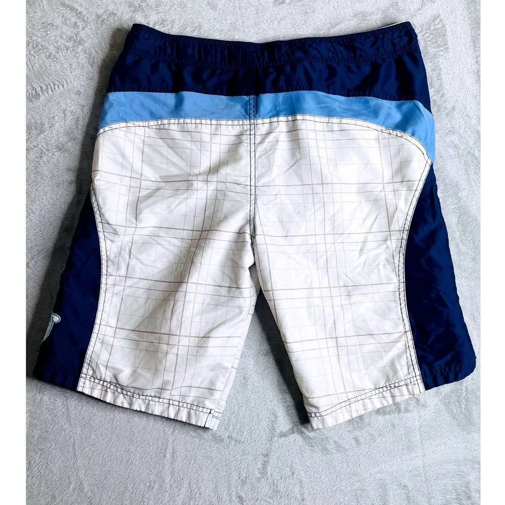 Corona Extra Board Shorts Mens 34 Blue White Grid Logo Zip Pocket Swim Trunks
